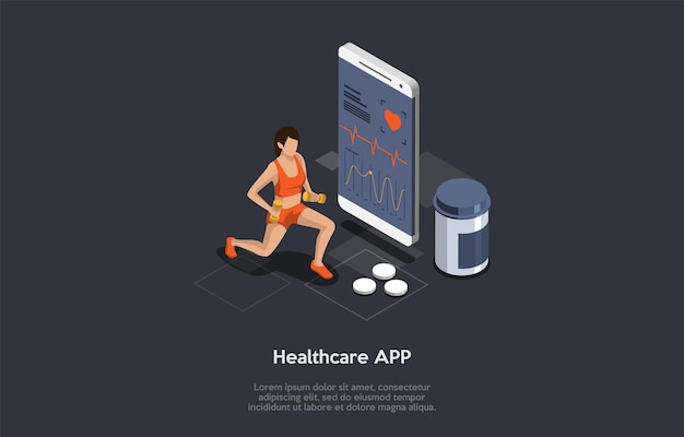 Sport trainings, exercises with weight, healthcare concept.\
strong young woman exercising with dumbbells using healthcare\
application to track her heartbeat