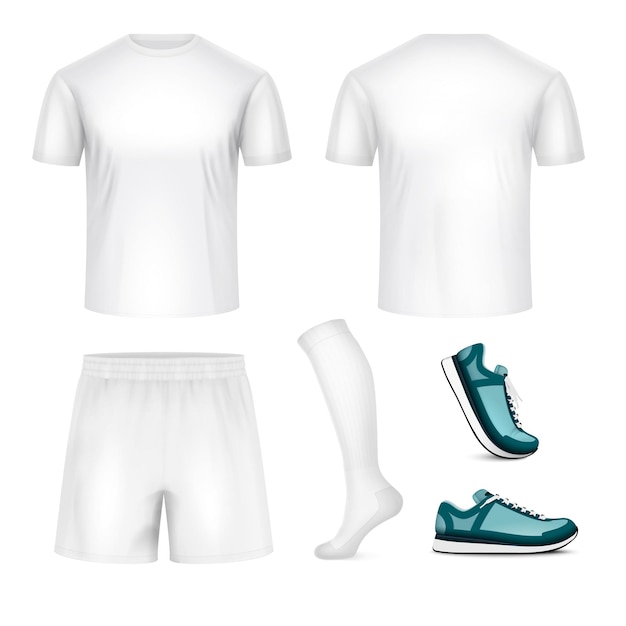 Vector sport uniform white mockup realistic set of tee shirts shorts socks sneakers isolated vector illustration