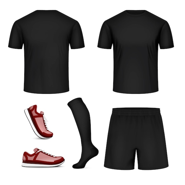 Vector sport uniforme zwarte mockup realistische set van kleding en schoen voor voetbal of volleybal spelen geïsoleerde vectorillustratie