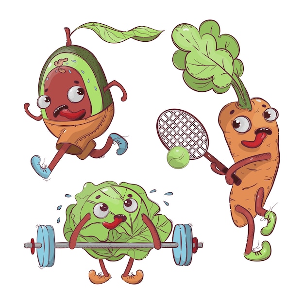 Vector sport vegetables cartoon health nutrition hand drawn t-shirt  illustration set for print