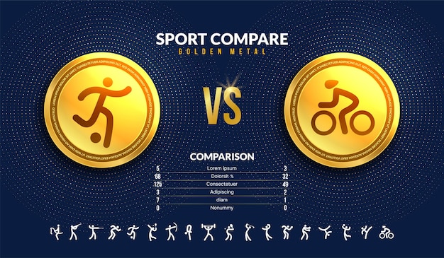 Sport versus battle background, Comparison of sport type concept, Golden medal with sport icons set