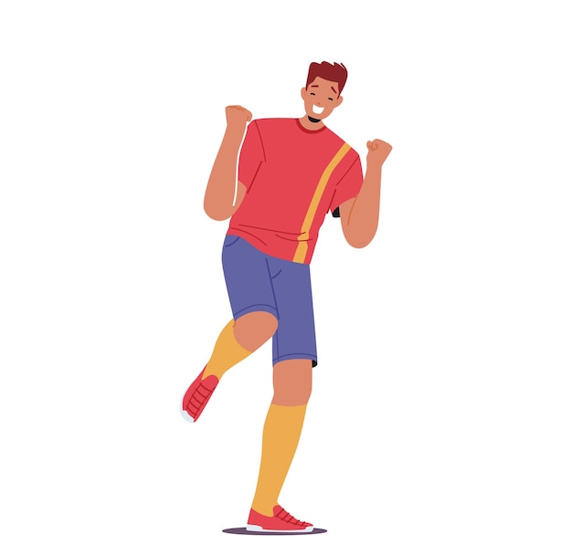 Vector sport victory concept happy man soccer player celebrate win after goal saying yes and show winner gesture illustration