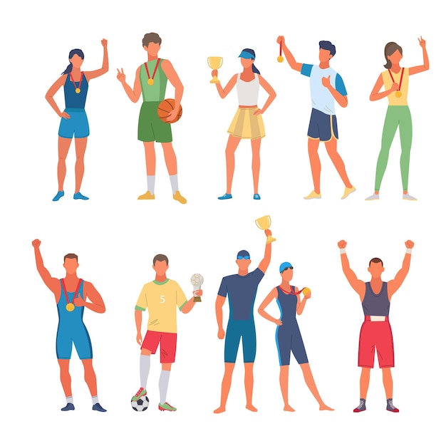 Sport winners swimmers football players boxers runners gymnasts happy sport characters standing and holding cup awards and medals Vector cartoon people