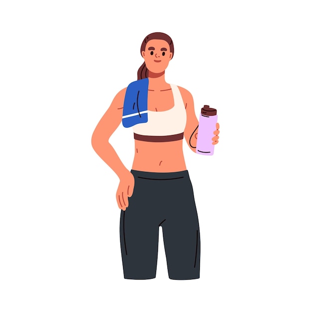 水のボトルを手に持つスポーツ女性。スポーツウェアのポートレートを着た若い女の子が、ジムでのトレーニング中にドリンクタンブラーを持ち、肩にタオルを置いて立っています。白い背景に分離されたフラット ベクトル図