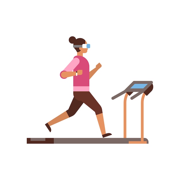 sport woman wear vr glasses running on treadmill girl cardio training 