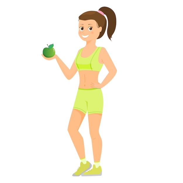 Vector sport women with green apple. isolated