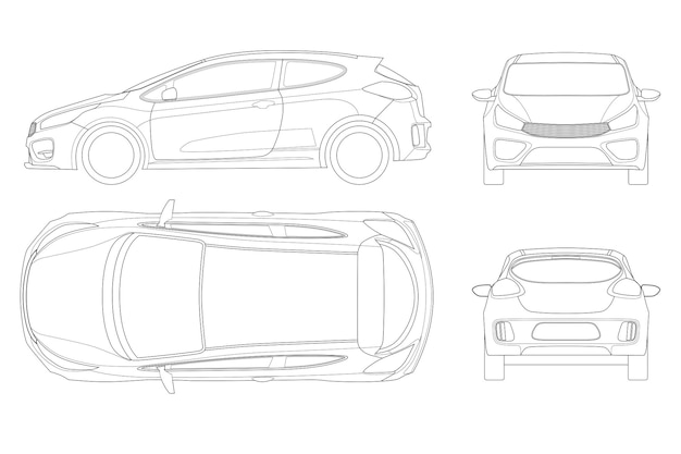 Спорткар или хэтчбек. набор внедорожников по контуру, шаблон для брендинга и рекламы. вектор шаблона изолирован на белом вид спереди, сзади, сбоку, сверху.