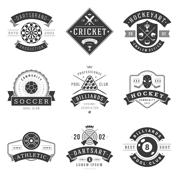 Sportclubs en secties logo's instellen. zwart embleem van croquet en retro biljartorganisatie. professionele training in voetbalcontact ijshockey. atletische fitnesslessen met rust in darts