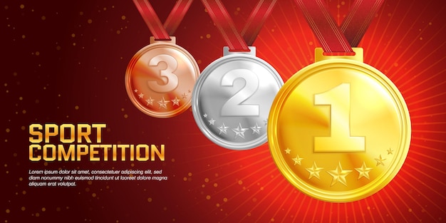 Sportcompetitie gekleurde realistische poster met gouden zilveren en bronzen onderscheidingen op rode linten vectorillustratie