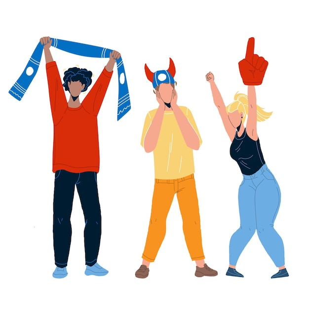 Sportfans juichen en schreeuwen samen vector. jonge mannen en vrouw sportfans met sportieve attributen sjaal, muts en hand cheer team. tekens sportevenement platte cartoon afbeelding