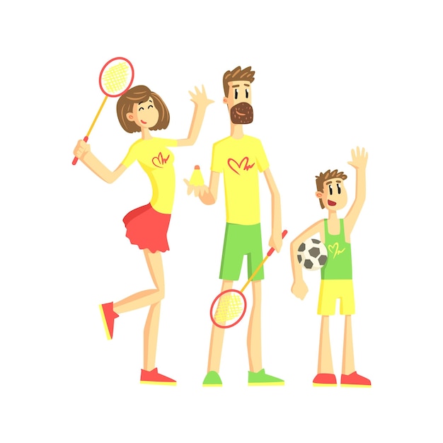 Sportieve familie met tennisrackets en bal platte vector vereenvoudigde kinderachtige cartoon stijl illustratie geïsoleerd op een witte achtergrond