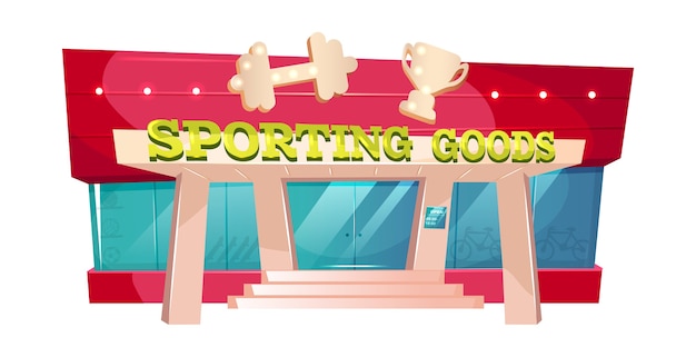 Sporting goods cartoon illustration. fitness gear shop front. gym exterior flat color object. supermarket of sportswear for exercise. sport equipment store exterior isolated on white background