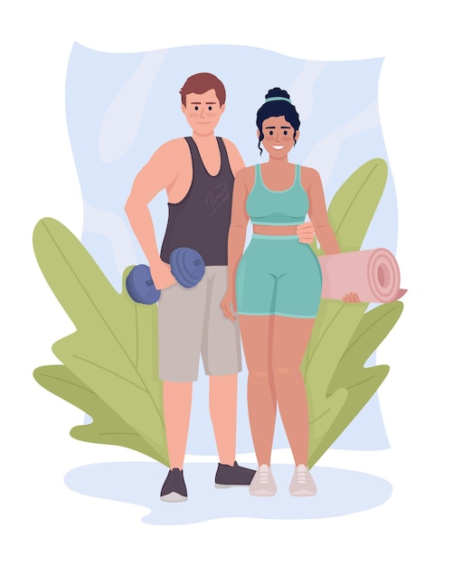 Vector sportive couple with equipment 2d vector isolated illustration