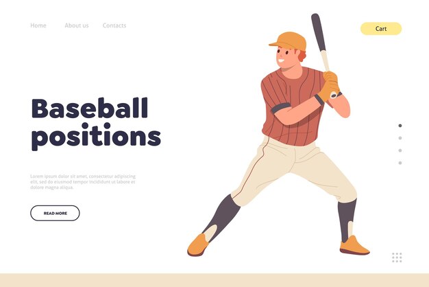 Modello di progettazione della pagina di destinazione educativa sportiva che offre strategia di posizione di baseball e tattica di gioco per sportivo illustrazione vettoriale dell'interfaccia del sito web con personaggio dei cartoni animati di pastella che tiene la mazza