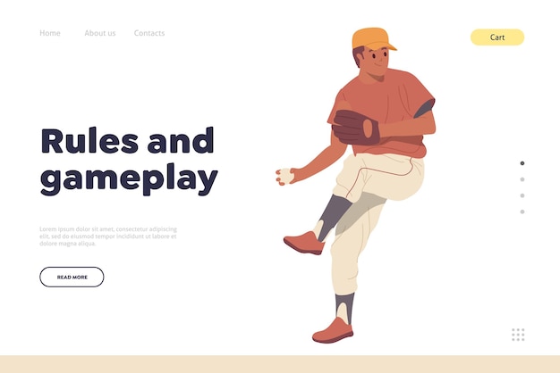 Sportive educational online service landing page design template offering baseball rules and game play Website interface vector illustration with professional pitcher cartoon character throwing ball