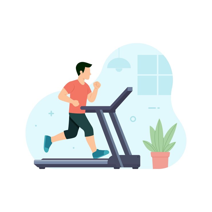 Vector sportive man running on a treadmill in gym workout and exercise flat vector illustration