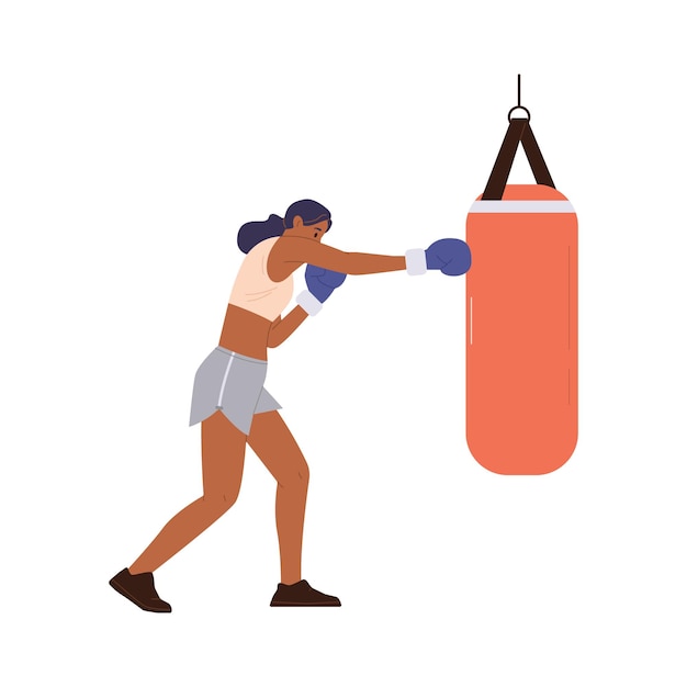 Sportive woman character wearing gloves boxing with punching bag isolated on white background