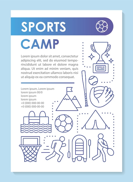 Sportkamp, lichaamsbeweging brochure sjabloon lay-out. Flyer, boekje, folder printontwerp met lineaire illustraties. Vectorpaginalay-outs voor tijdschriften, jaarverslagen, reclameposters