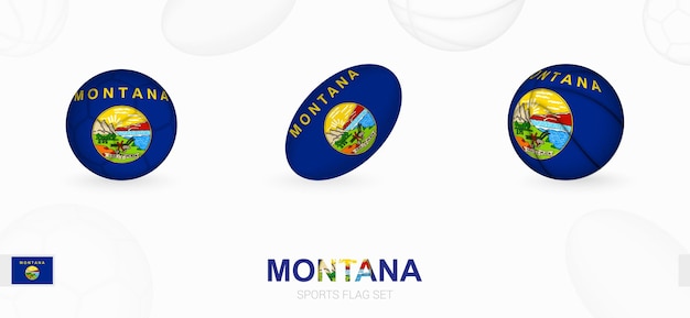 Sportpictogrammen voor voetbal, rugby en basketbal met de vlag van Montana.