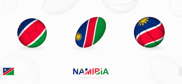 Sportpictogrammen voor voetbal, rugby en basketbal met de vlag van Namibië.