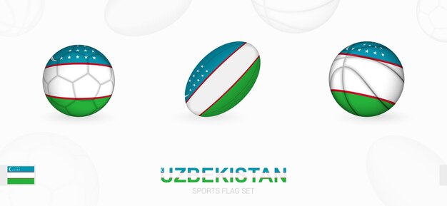 Sportpictogrammen voor voetbal, rugby en basketbal met de vlag van oezbekistan.