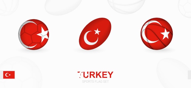 Sportpictogrammen voor voetbal, rugby en basketbal met de vlag van Turkije.