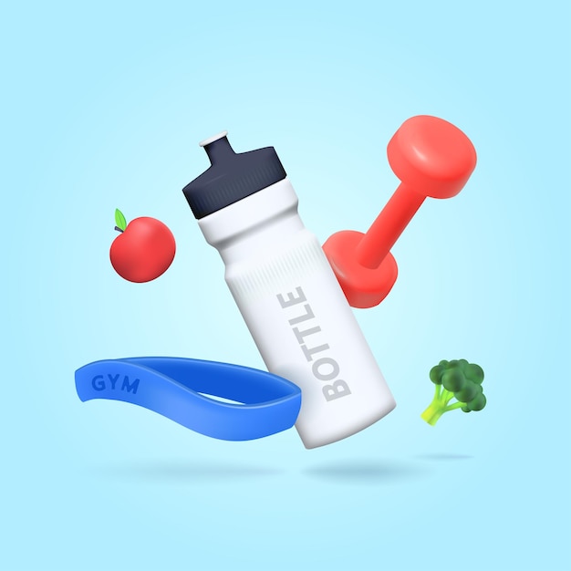 Sports 3d elements a bottle of water a kettlebell an elastic band for sports