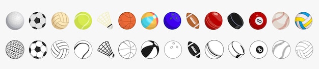 Sports balls black flat icon set. Cartoon vector style.