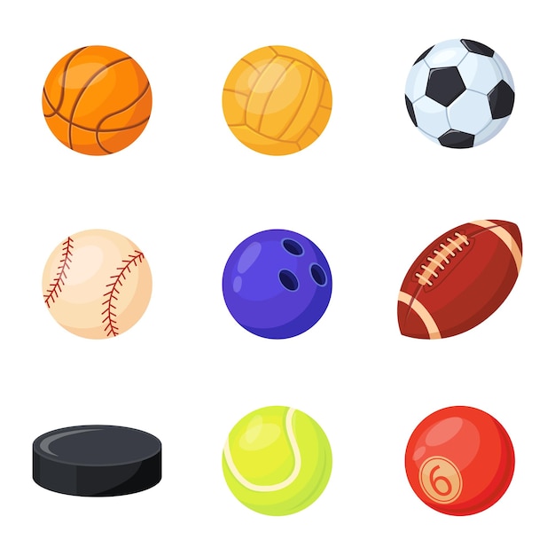 Sports balls Kit of equipment for games cartoon hockey soccer baseball basketball rugby and billiard tennis and bowling pool football set neat flat vector