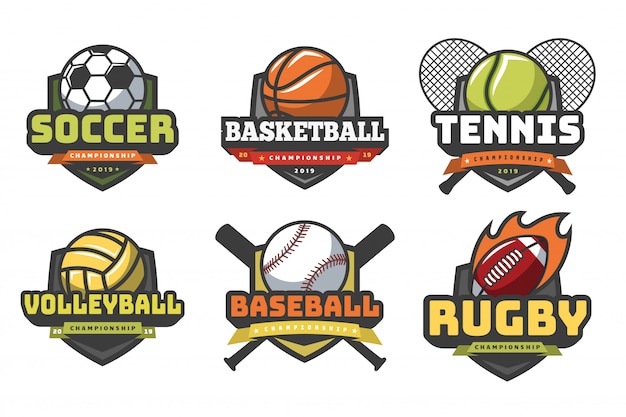 Sports balls logos. Sport logo ball soccer basketball volleyball football rugby tennis baseball badge team club emblems