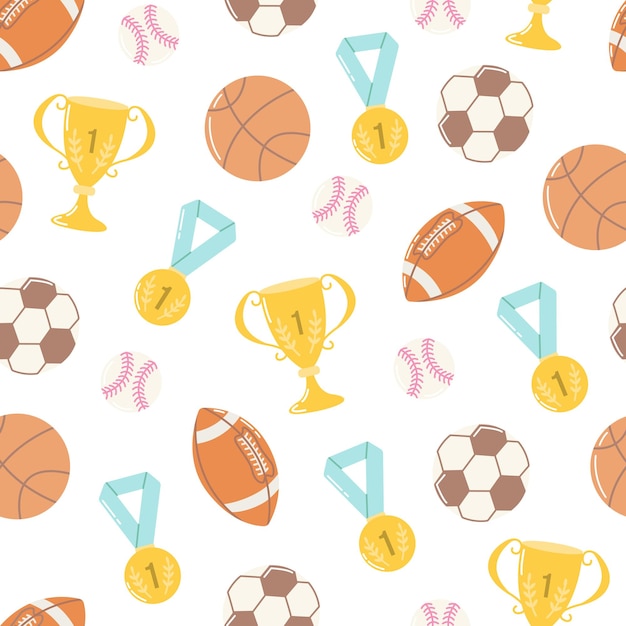 Sports balls medals and cups basketball baseball rugby and football Vector seamless pattern