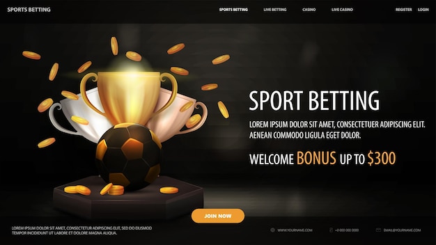 Vector sports betting black web banner with black football ball cups and falling gold coins in black scene dark banner with sport elements