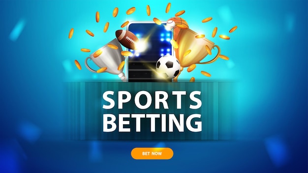 Vector sports betting blue banner with button smartphone champion cups falling gold coins and sport balls