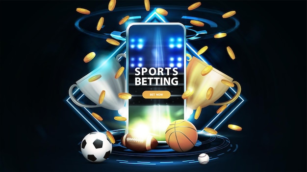 Vector sports betting blue banner with smartphone champion cups falling gold coins and sport balls in dark scene with neon rhombus frames and hologram of digital rings