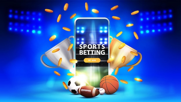 Vector sports betting blue banner with smartphone champion cups falling gold coins and sport balls