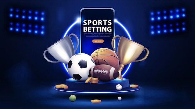 Vector sports betting blue banner with smartphone champion cups gold coins and sport balls on podium of winners with blue neon ring in blue scene