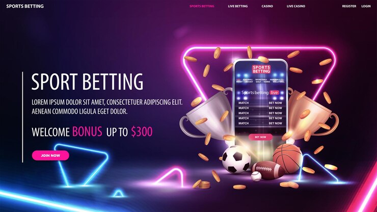Вектор цифровой баннер для ставок на спорт с кубками чемпионов смартфонов, падающими золотыми монетами и спортивными мячами на темной сцене с неоновыми синими и розовыми треугольниками вокруг