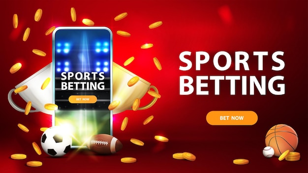 Vector sports betting red banner with smartphone champion cups falling gold coins sport balls and button