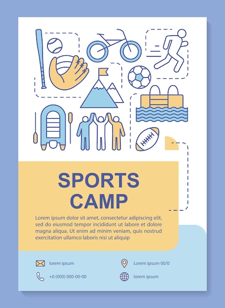 Sports camp, body training brochure template layout. flyer, booklet, leaflet print design with linear illustrations. vector page layouts for magazines, annual reports, advertising posters