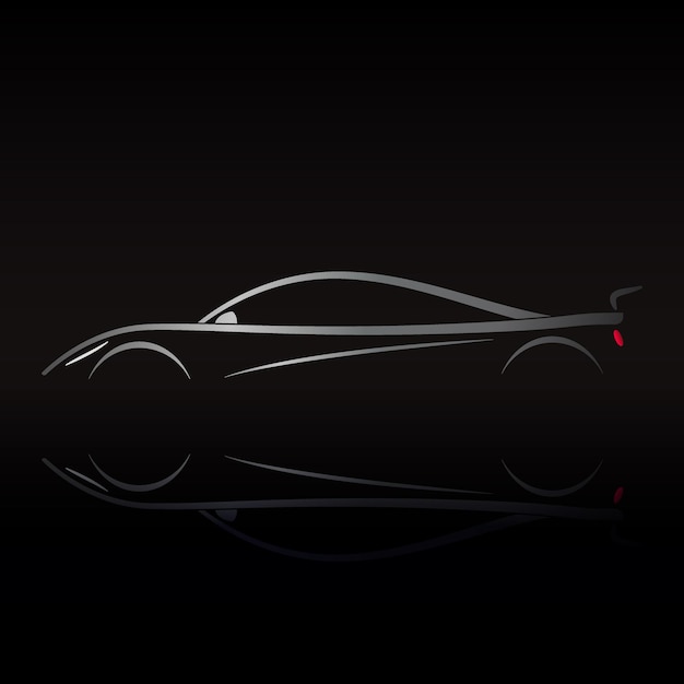 Sports car logo design on black background with reflection. vector illustration.