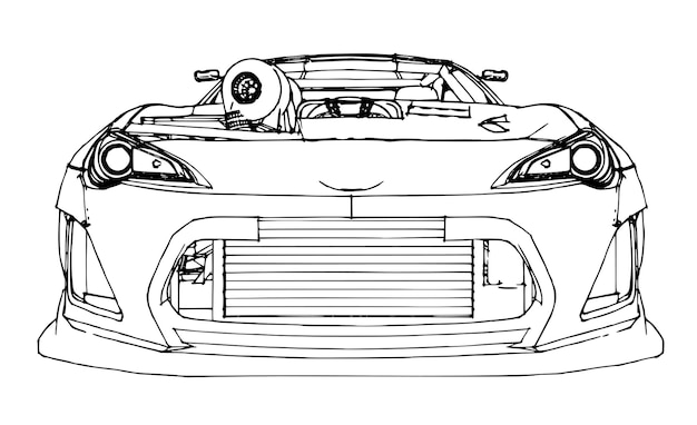 スポーツカー。手描きの線形グラフィックスのスタイルでストックイラスト。