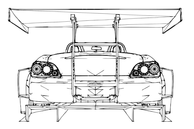 スポーツカー。手描きの線形グラフィックスのスタイルでストックイラスト。