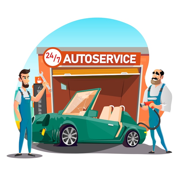 Sports car with flat tire at noctidial autoservice