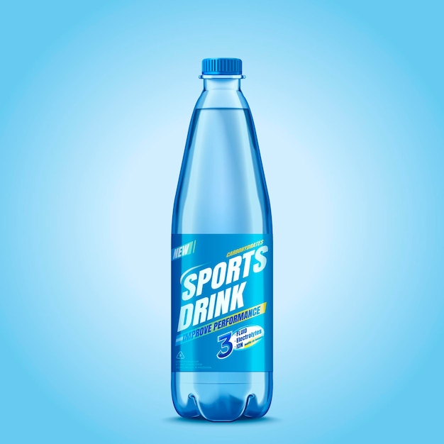 Sports drink package design, clear liquid in plastic bottle in 3d illustration