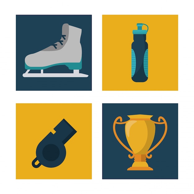 sports elements ice skates and water bottle and whistle and trophy