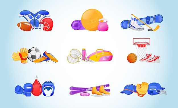 Vector sports equipment flat color objects set. protective uniform for american football. ball and kettlebell for fitness. sport gear 2d isolated cartoon illustrations on gradient background