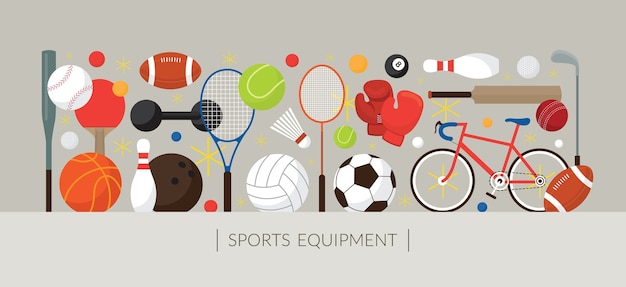 Vector sports equipment, flat objects display banner