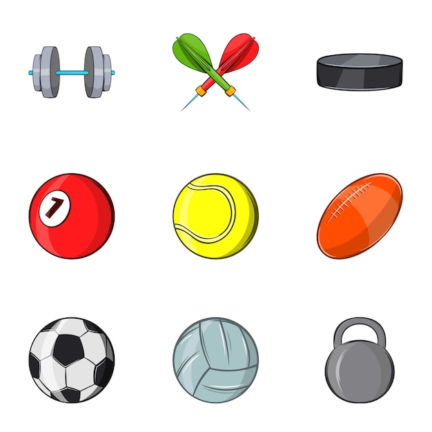 Sports equipment icons set, cartoon style