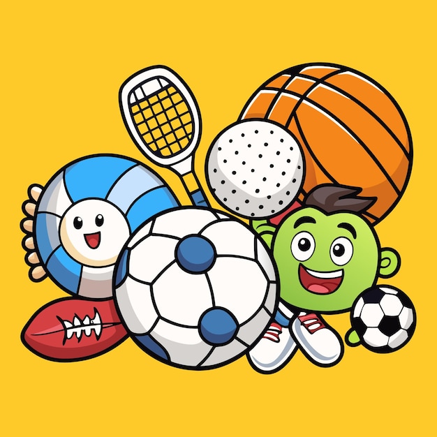 Vector sports equipment illustration featuring various balls and racket