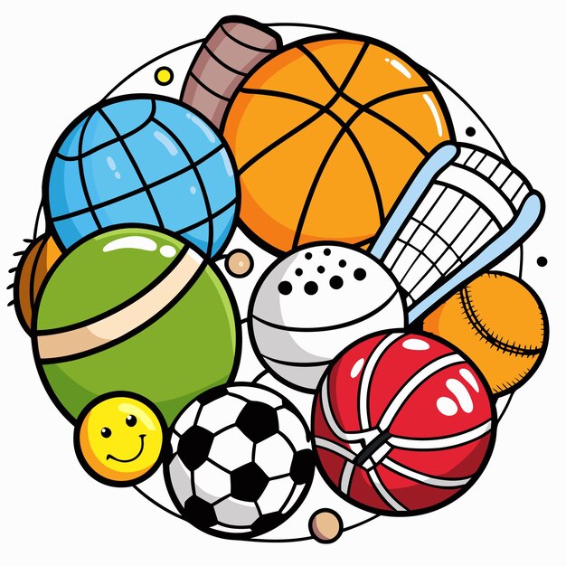 Vector sports equipment illustration featuring various balls and racket